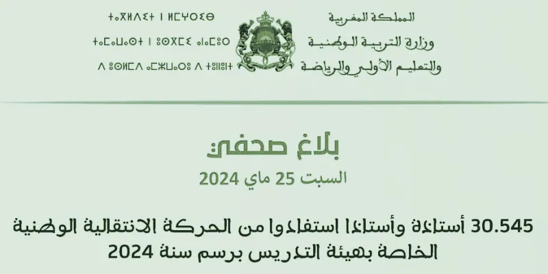 30.545 أستاذة وأستاذا استفادوا من الحركة الانتقالية الوطنية الخاصة بهيئة التدريس برسم سنة 2024.